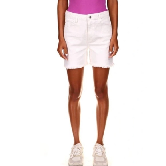 SANCTUARY Sidewalk Distressed Fringe Hem Rigid Denim Shorts - Picture 2 of 9